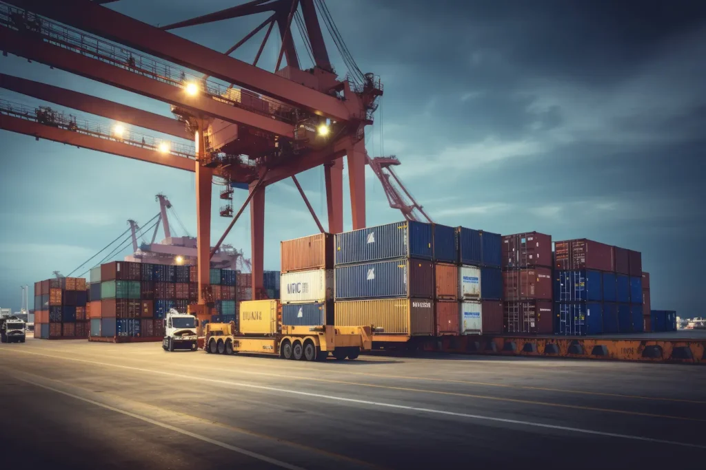 Plano general de un muelle con bidones apilados y camiones que trasladan importaciones y exportaciones 