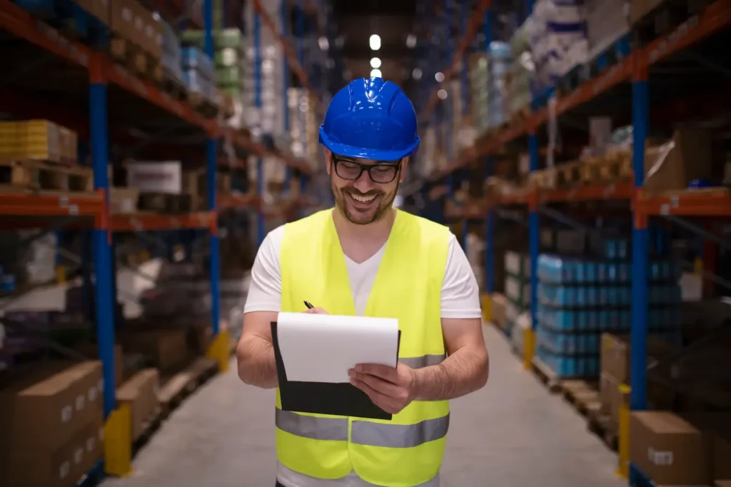 Un agente de aduanas en España trabajando en un almacén mirando un informe con un casco azul y un chaleco reflectante
