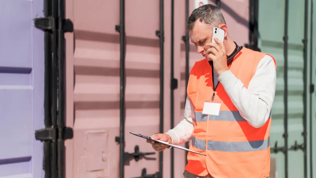 Un agente de aduanas hablando por teléfono mientras mira unos informes en un puerto con contendores detrás