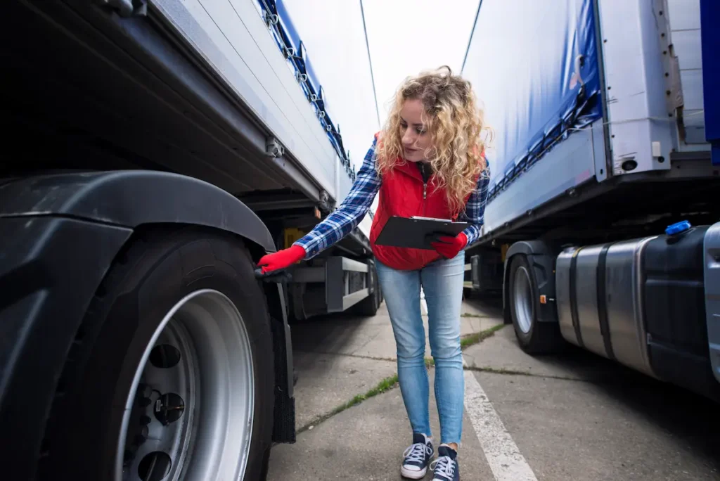 Mujer revisando las ruedas de su camión para asegurarse de que cumple con la ley del contrato de transporte terrestre de mercancías