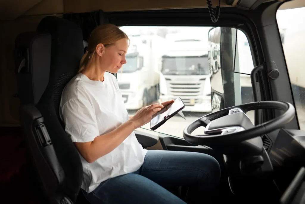 Mujer en su camión anotando en una tablet los destinos para su ruta de transporte de mercancías terrestre