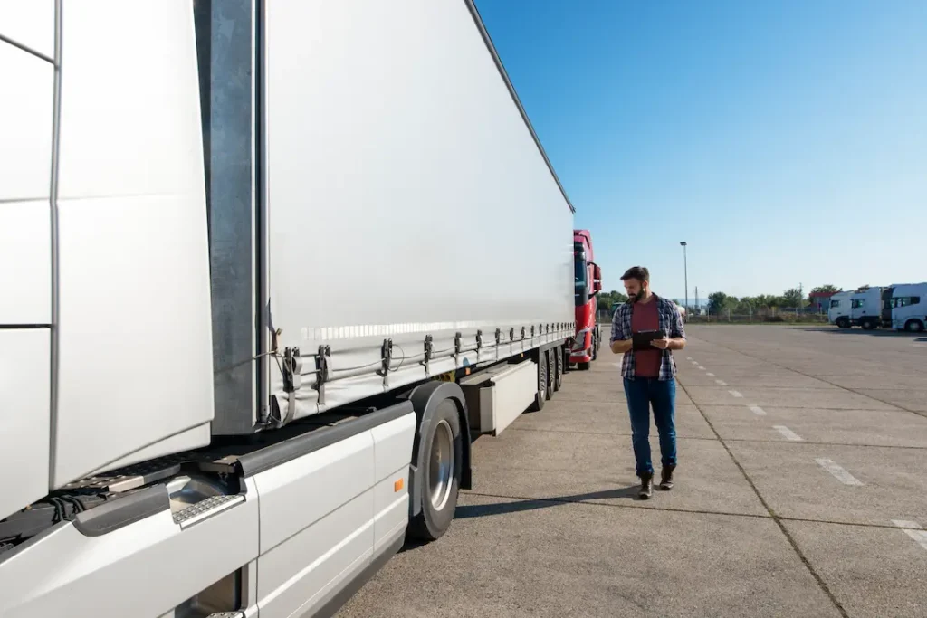 Hombre revisando su camión antes de empezar su ruta de transporte terrestre de mercancías