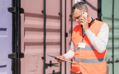 Un agente de aduanas hablando por teléfono mientras mira unos informes en un puerto con contendores detrás