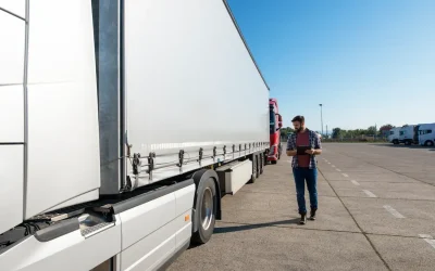 Hombre revisando su camión antes de empezar su ruta de transporte terrestre de mercancías
